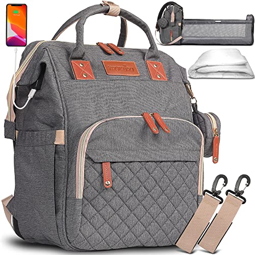 3 in 1 Diaper Bag Backpack with Changing Station - with Durable Zippers - Travel Bassinet Baby Bag for Girls & Boys with Portable Baby Bed, Foldable Changing Pad, Charging Port - Waterproof, Grey