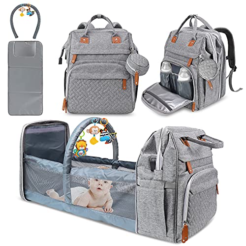 Baby Diaper Bag Backpack, Diaper Changing Station, Derjunstar Portable Crib Backpack for Boys Girls, Waterproof Changing Pad, USB Charging Port, Pacifier Case, Sunshade and Toy Bar, New Mom Gifts for Women