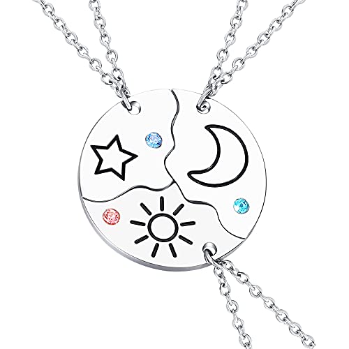 BFF Friendship Necklace for 3 Teen Girls Sun Moon Star Matching Heart Best Friend Necklaces Set Jewelry Gifts for 3 Girls