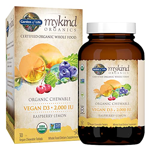 Garden of Life Organic Vitamin D3 Mykind Vegan Chewable Tablets, 2000 IU (50mcg) Whole Food from Lichen Plus & Mushroom Blend, Gluten Free, Orange, Raspberry/Lemon, 30 Count