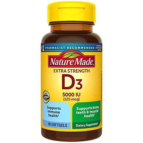 Nature Made Extra Strength Vitamin D3 5000 IU (125 mcg), Dietary Supplement for Immune Support, 90 Softgels, 90 Day Supply