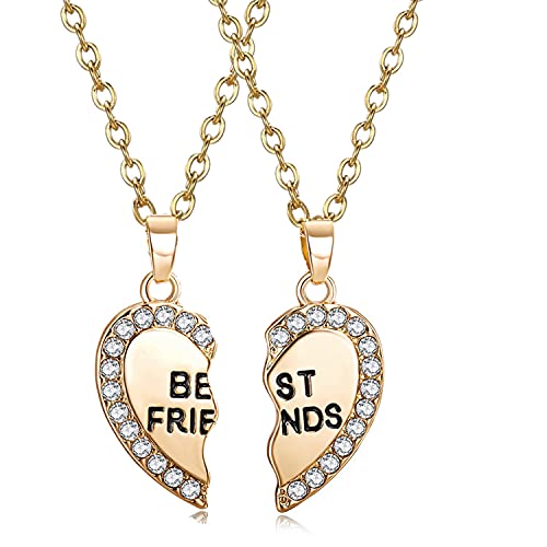 ODETOJOY Best Friends Necklace for 2 BFF Broken Heart Necklace Rhinestone Bestfriends Engraved Letters Pendant (Gold)
