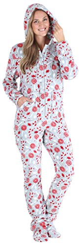 SleepytimePjs Women's Fleece Hooded Footed Onesie Pajama, Candy Cane, Small